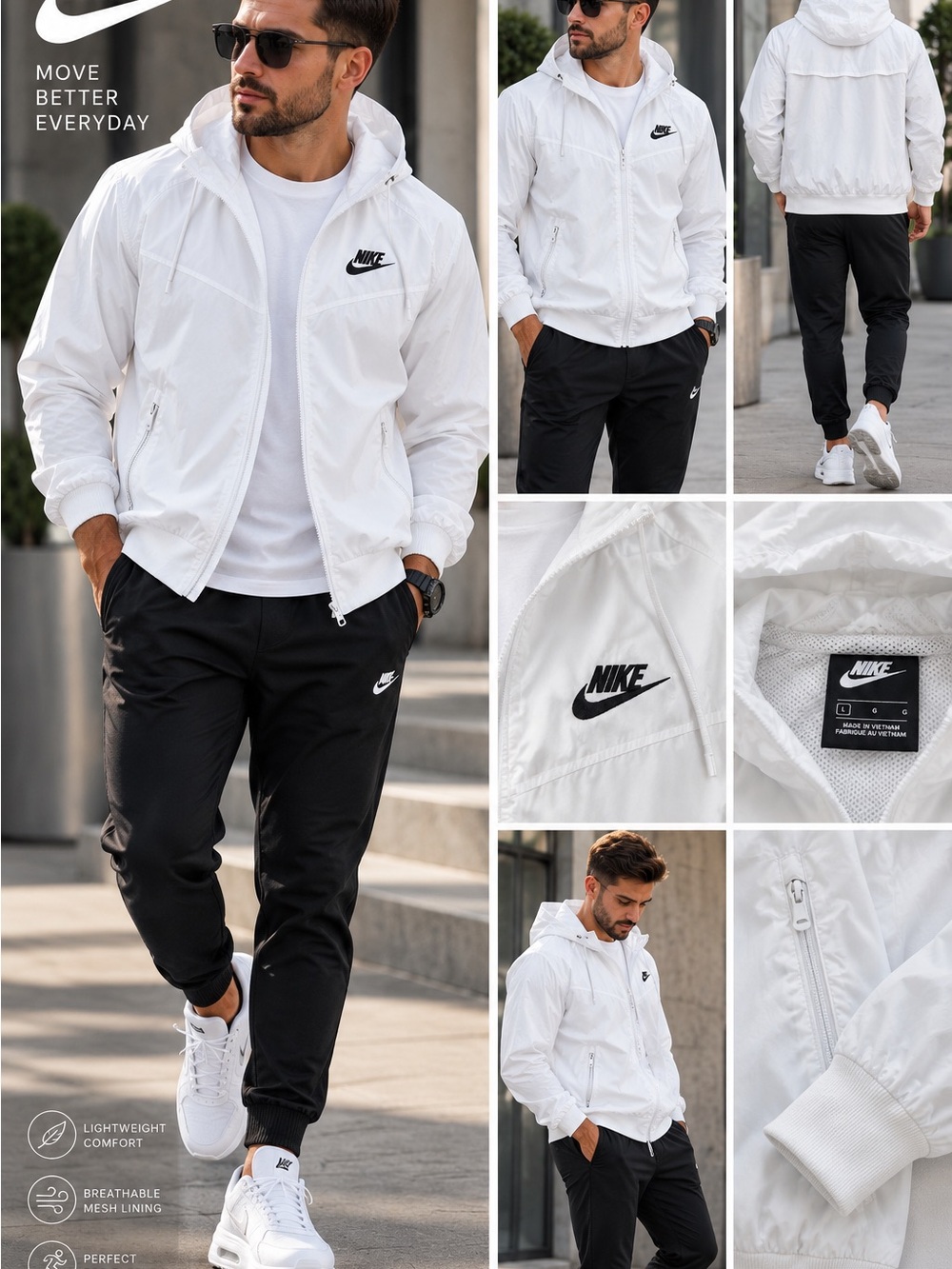 Nike Men’s White Hooded Windbreaker Jacket Size L